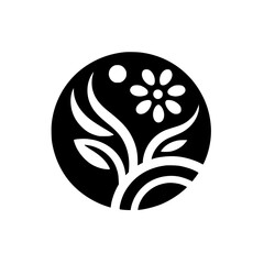Monochrome Botanical Emblem:  Flower and Foliage Within a Circle