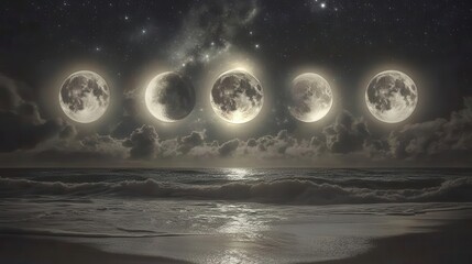 Phases of the Moon Above a Tranquil Ocean with Waves Under a Starry Night Sky