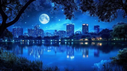 Serene Nighttime Cityscape with Full Moon Reflected on Calm Water in Urban Park