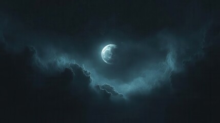 Mysterious Moon Shining Through Dark Clouds in a Starry Night Sky