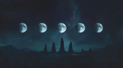 Phases of the Moon Over Ancient Stone Structures at Night with Dark Cosmic Landscape
