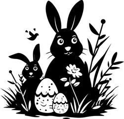 Black and White Easter Bunny and Egg Illustration – Spring Holiday Silhouette