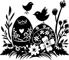 Black and White Easter Bird and Egg Illustration – Spring Holiday Silhouette