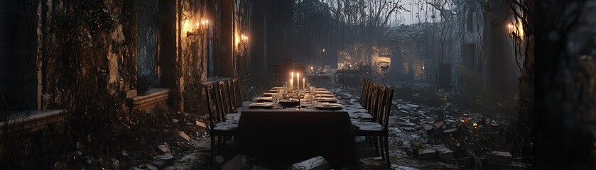 Dark, atmospheric image of a dimly lit, abandoned dining hall in a forest setting.  Candles illuminate a long table, creating an eerie ambiance.