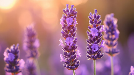 Naklejka premium A close-up of lavender flowers in a garden with vibrant purple and pink hues, capturing the beauty of summer and spring seasons with blooming herbs and plants