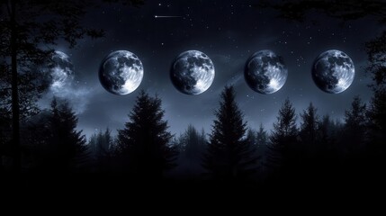 Phases of the Moon Over a Dark Forest Landscape Under Starry Sky at Night