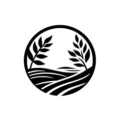 Circular Serene Farmhouse Emblem: Black and White Illustration