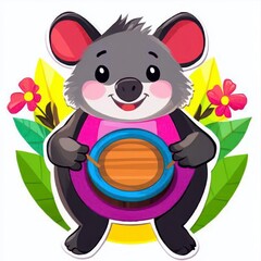 Naklejka premium Cheerful Koala Playing Drum with Flowers