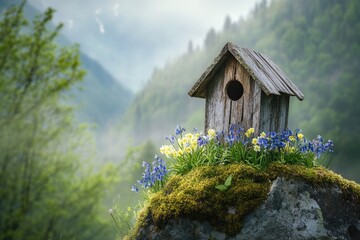 A rustic birdhouse sits atop a moss-covered rock, surrounded by vibrant spring blossoms in a misty mountain landscape.