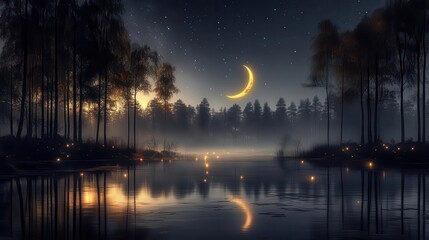 Mystical Night Landscape with Crescent Moon and Starry Sky over Tranquil Water Reflection