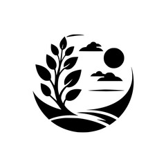 Serene Black & White Nature Icon: Tree, Sky, and Landscape