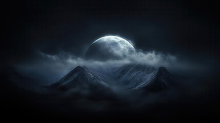 Mysterious Mountain Landscape Under a Silver Moon Surrounded by Dark Clouds at Night