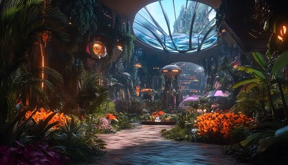 Fototapeta premium Enchanted indoor garden path. Lush foliage, bioluminescent flora, and a futuristic dome create a magical atmosphere.