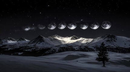 Nighttime Landscape of Snowy Mountains Under a Celestial Sky with Moon Phases and Stars