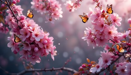 Beautiful Spring Sakura Flowers Background with Delicate Butterflies in Bloom