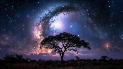 Silhouette of a Majestic Tree Beneath a Brilliant Galactic Sky Filled with Stars and Cosmic Wonder