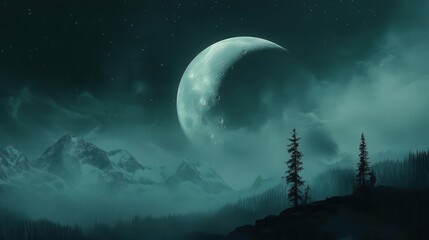 Mysterious Night Landscape Featuring a Large Crescent Moon Over Dark Mountains and Forests