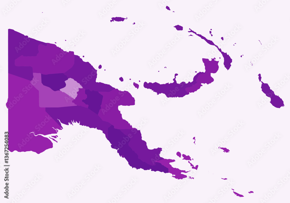 Poster map of papua new guinea with regions. just a simple country border map with region division. purple 