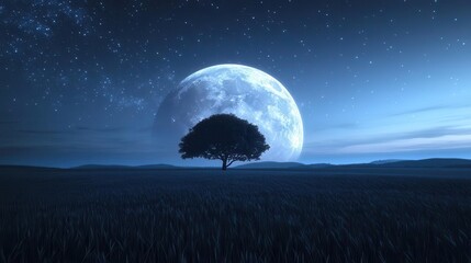 Silhouetted Tree Against a Vast Night Sky with a Full Moon and Twinkling Stars