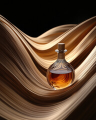 Vintage perfume bottle with yellow liquid on a dark background