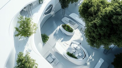 Modern, sustainable building interior with lush greenery.  Curved white architecture blends seamlessly with nature.  High-angle view.