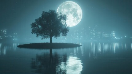Serene Moonlit Night Over a Tranquil Water Surface with a Silhouetted Tree on an Island