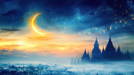 Serene Moonlit Sunset Over Majestic Castle Silhouette Against Colorful Starry Sky