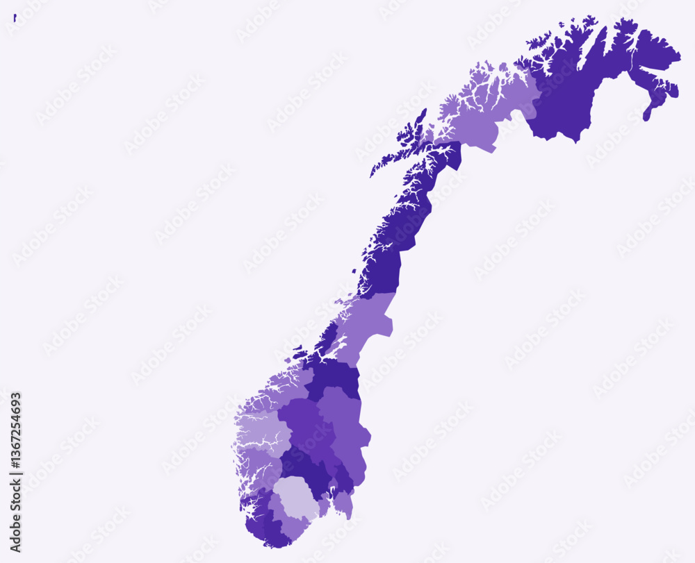 Poster map of norway with regions. just a simple country border map with region division. deep purple color
