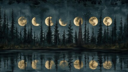 Phases of the Moon Over a Quiet Lake Encircled by Silhouetted Pine Trees Under Starry Night Sky
