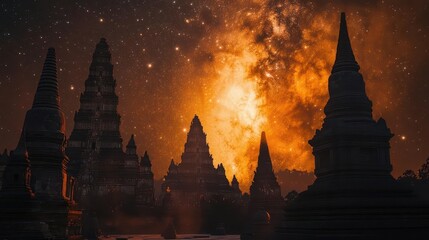 Silhouetted Ancient Temples Against a Cosmic Sky at Sunset with Vibrant Orange and Stars