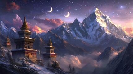 Snowy Mountain Landscape with Ancient Temples Under a Starry Sky and Crescent Moons at Dusk