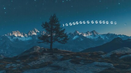 Silhouetted Tree on Mountain Peak Under Starry Sky with Moon Phases in Nighttime Landscape