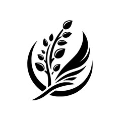 Abstract Botanical Monochromatic Logo: Leaves, Branch, and Crescent