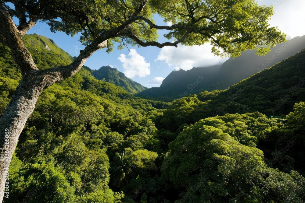 Poster lush green jungle landscape with a clear sky and bright sunlight a tree branch is visible in the for