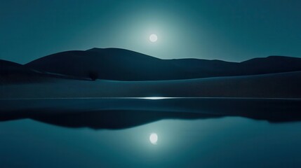 Serene Moonlit Desert Landscape with Reflection on Calm Water and Silhouette of Dunes