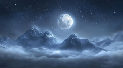 Serene Mountain Landscape Under Moonlight with Clouds and Stars in a Night Sky