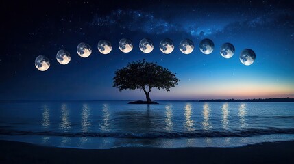 Serene Landscape of a Tree Under Multiple Phases of the Moon Reflecting Over Still Water at Night