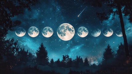 Phases of the Moon Rising Through Starry Night Sky Over Mystical Forest Landscape