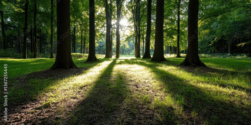 Fototapete sunlight filters through tall trees casting long shadows on green grass creating a peaceful forest s