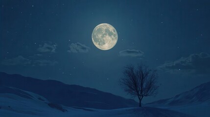 Solitary Tree Under a Bright Full Moon in a Tranquil Nighttime Landscape with Stars and Clouds