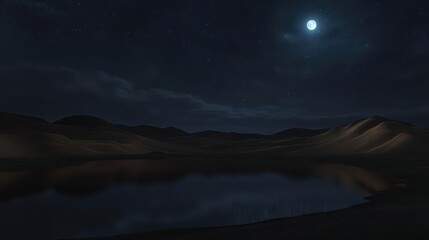 Starlit Night Landscape with Moon Reflections on Calm Water Surrounded by Hills