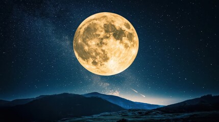 Spectacular Full Moon Illuminating the Night Sky Over Majestic Mountains and a Starlit Horizon