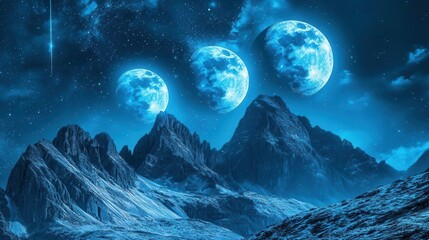 Mystical Night Landscape with Three Large Moons Over Majestic Mountain Peaks Under a Starry Sky