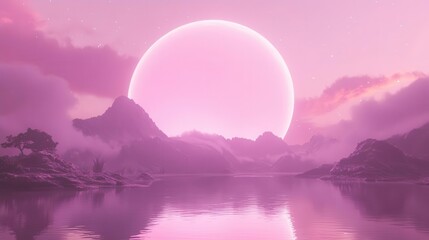 Scenic Pink Sunset Over Serene Mountains and Reflective Lake in Tranquil Landscape