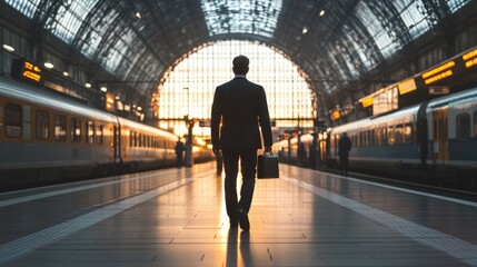 Fototapeta premium Businessman Walking Away at Sunset in a Train Station