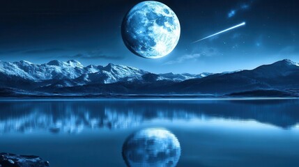 Scenic Nocturnal Landscape with Full Moon and Reflection on Calm Lake Surrounded by Majestic Mountains