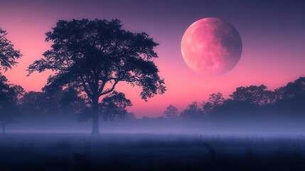 Scenic Night Landscape with Fog and Silhouetted Trees Framed by a Glowing Moon
