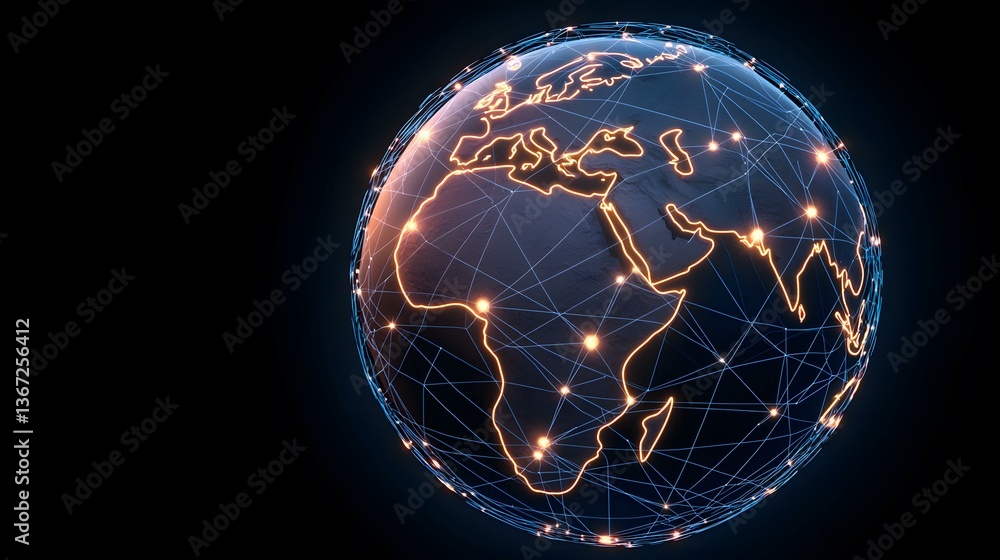 Poster a digitally rendered globe is depicted, enveloped in a network of interconnected lines and glowing n