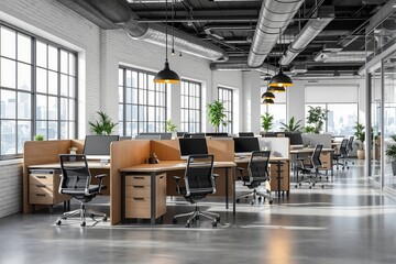 Spacious modern office interior with wood desks, mesh chairs, large windows, and plants in industrial style background. Concept of workplace design. Ai generative