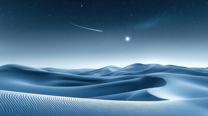 Serene Blue Desert Landscape Under Starry Night Sky with Soft Dunes and Cosmic Ambiance